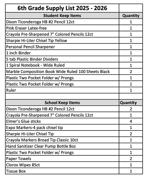 6th school supply list